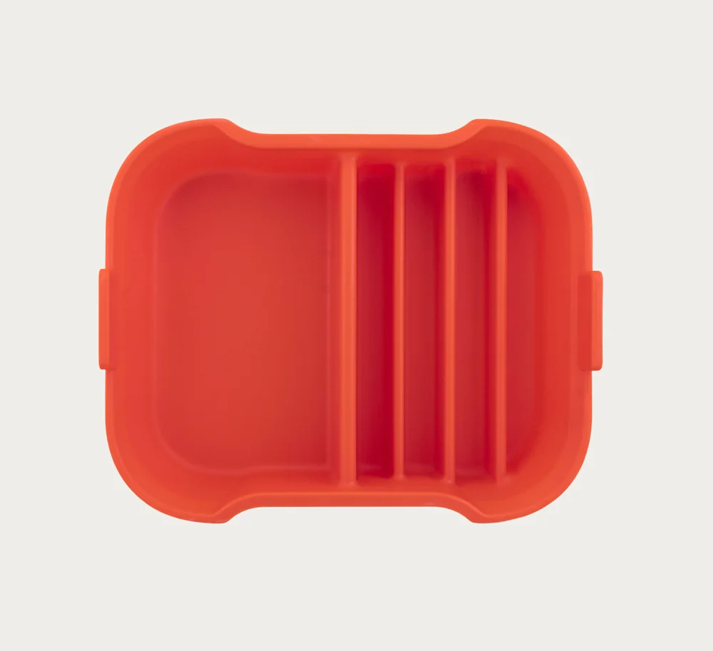 Divided food storage tray, open.