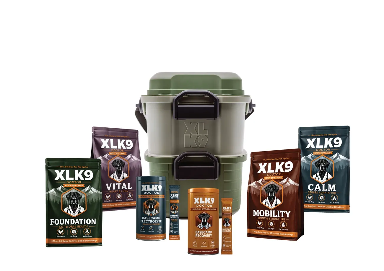 The XLK9 Basecamp system alongside the XLK9 Dogtor supplement line.